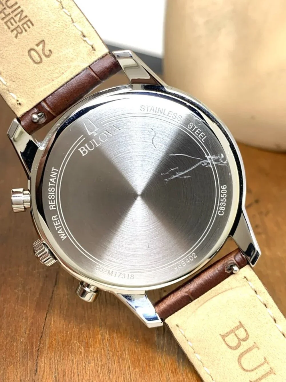 Bulova Men's Watch 96B402 Chronograph Quartz Blue Dial Brown Leather Strap 41mm